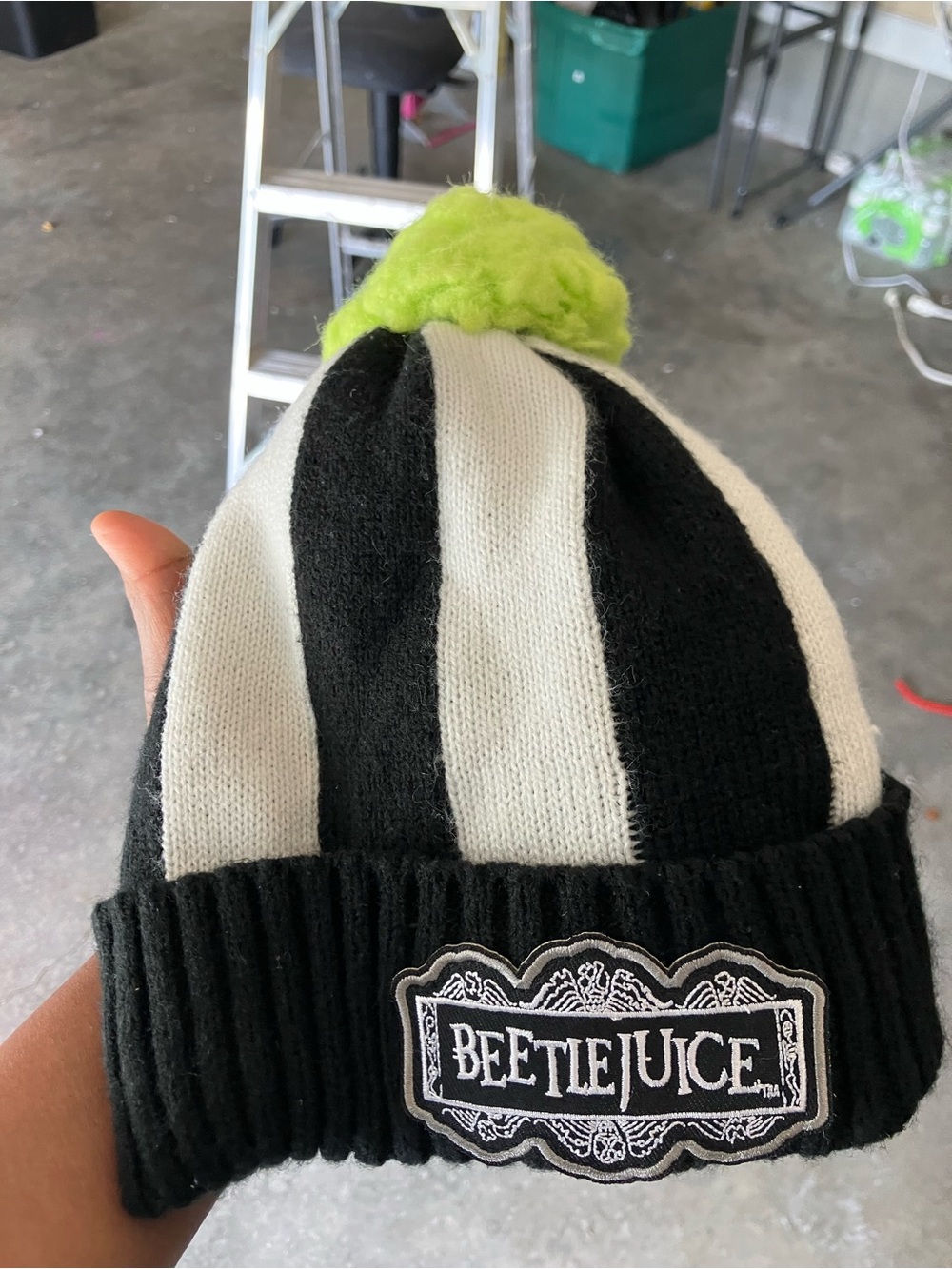 Disney Kids Black & White Striped Beanie with Lime Green Pom